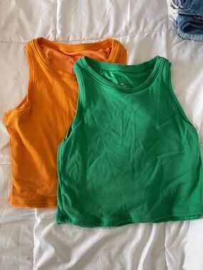 Set of 2 Klassy Network Crop Tops! Kelly Green & Bright Orange Ribbed Tanks